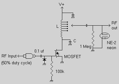Simplified schematic showing the Class-E amplifer with DC drive protection, tapped inductor, and output protection.